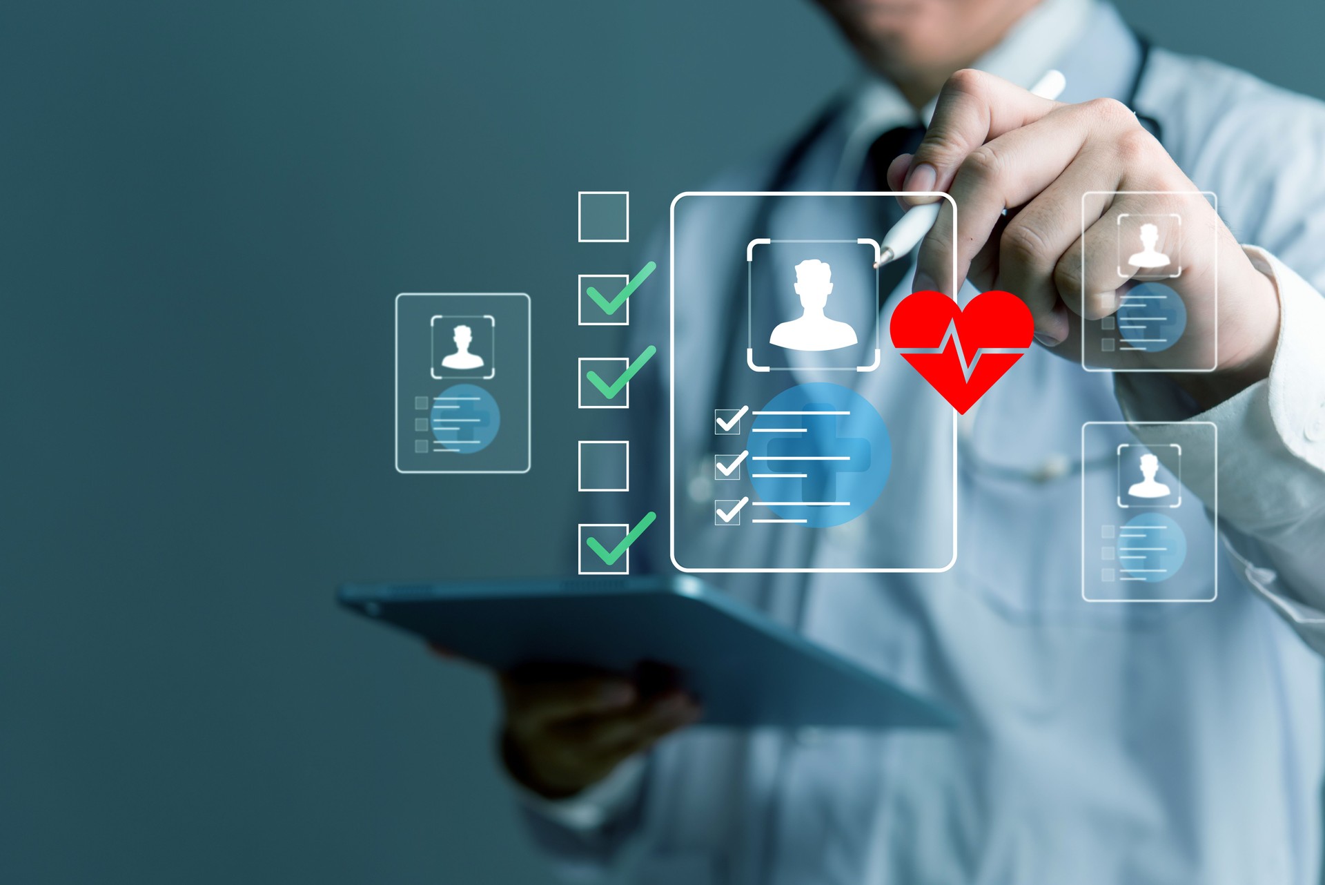 Digital checklist with doctor analyzing virtual medical records, used in smart hospital platforms, AI health checklist systems diagnostics and patient data electronic health records (EHR) management.
