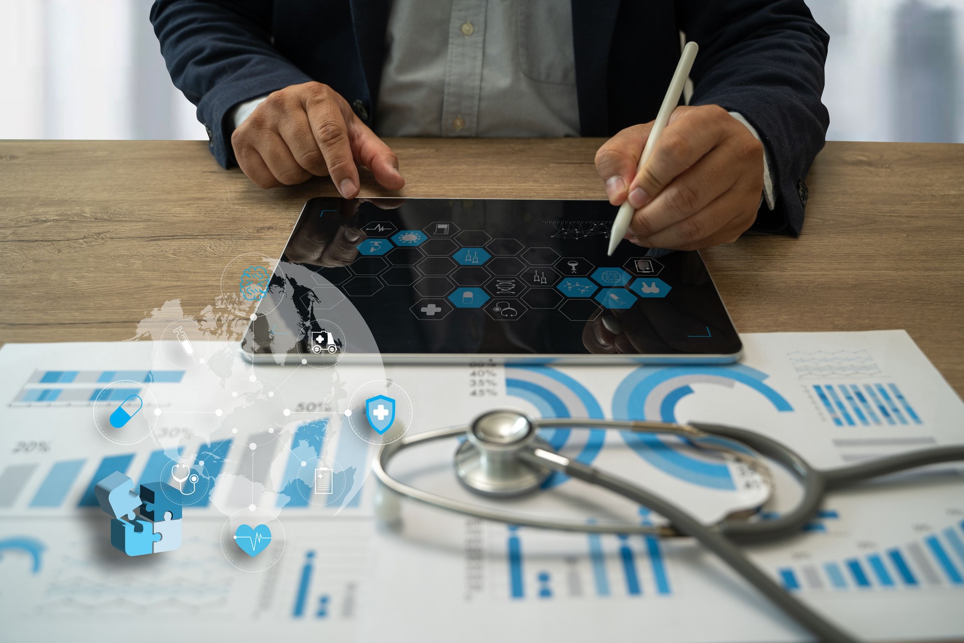 financial report chart and calculator Medical Report and stethoscope